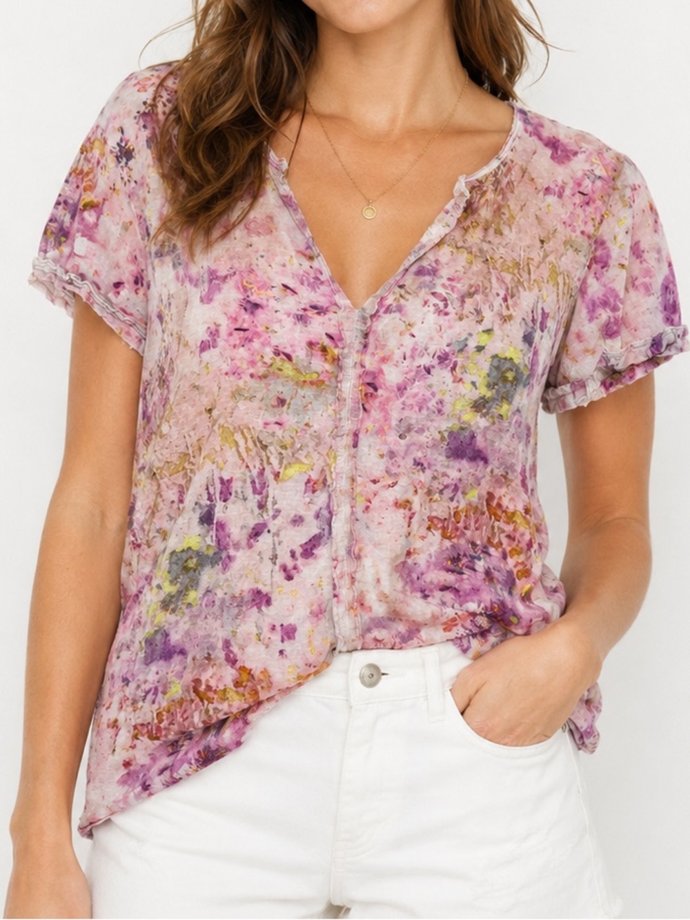 Anthropologie Pilcro Pink Tie Dye V Neck Tee Medium
